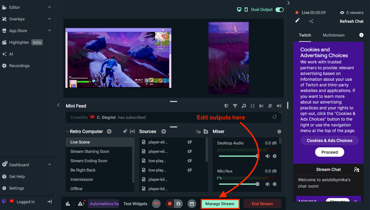 manage stream button for output editor in streamlabs desktop